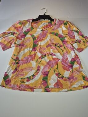 Chico's Orange Pink Green Floral Short Sleeve Scoop Top